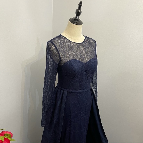 # Mac Duggal Long Sleeve Lace Column Gown With Overskirt - Picture 7 of 16